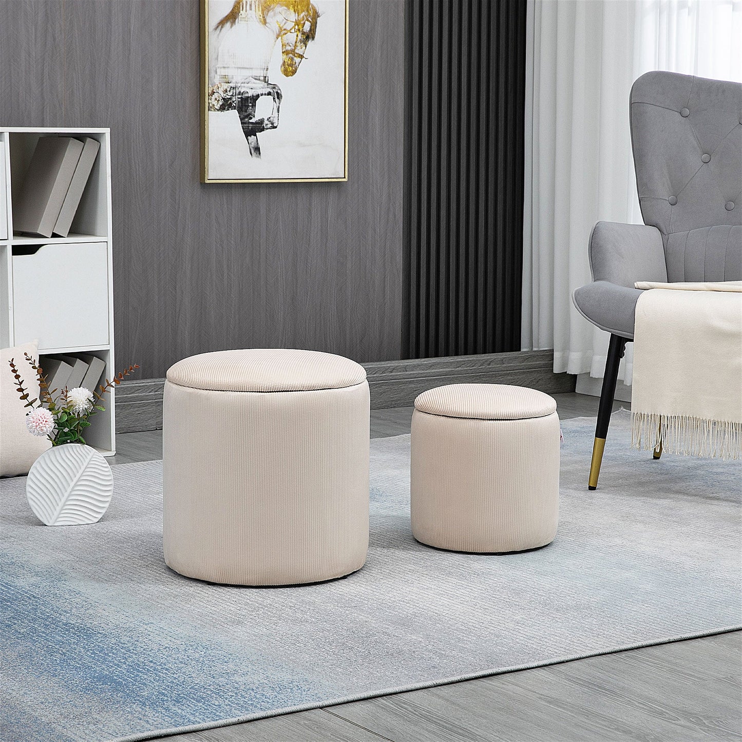 Set of 2 Round Corduroy Storage Ottomans, White