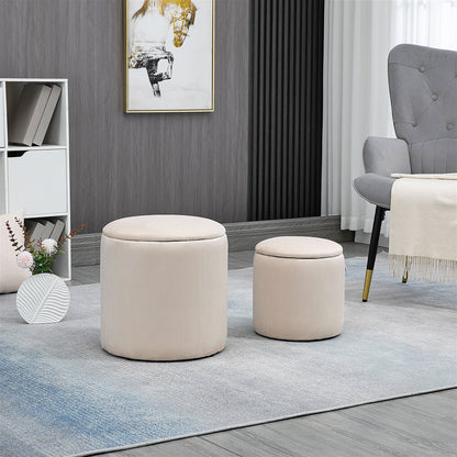 Set of 2 Round Corduroy Storage Ottomans, White