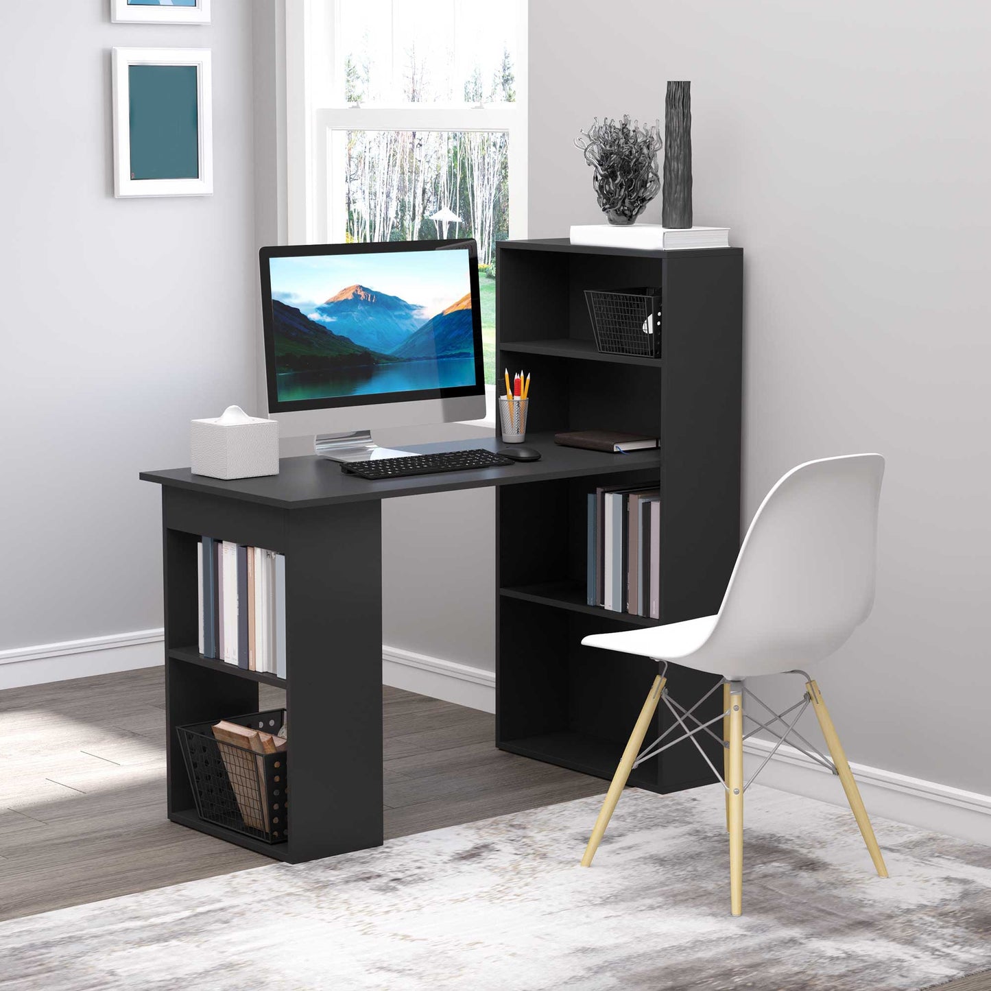 Wooden PC Desk with 6 Side Storage Shelves, 120x55x120 cm, Black