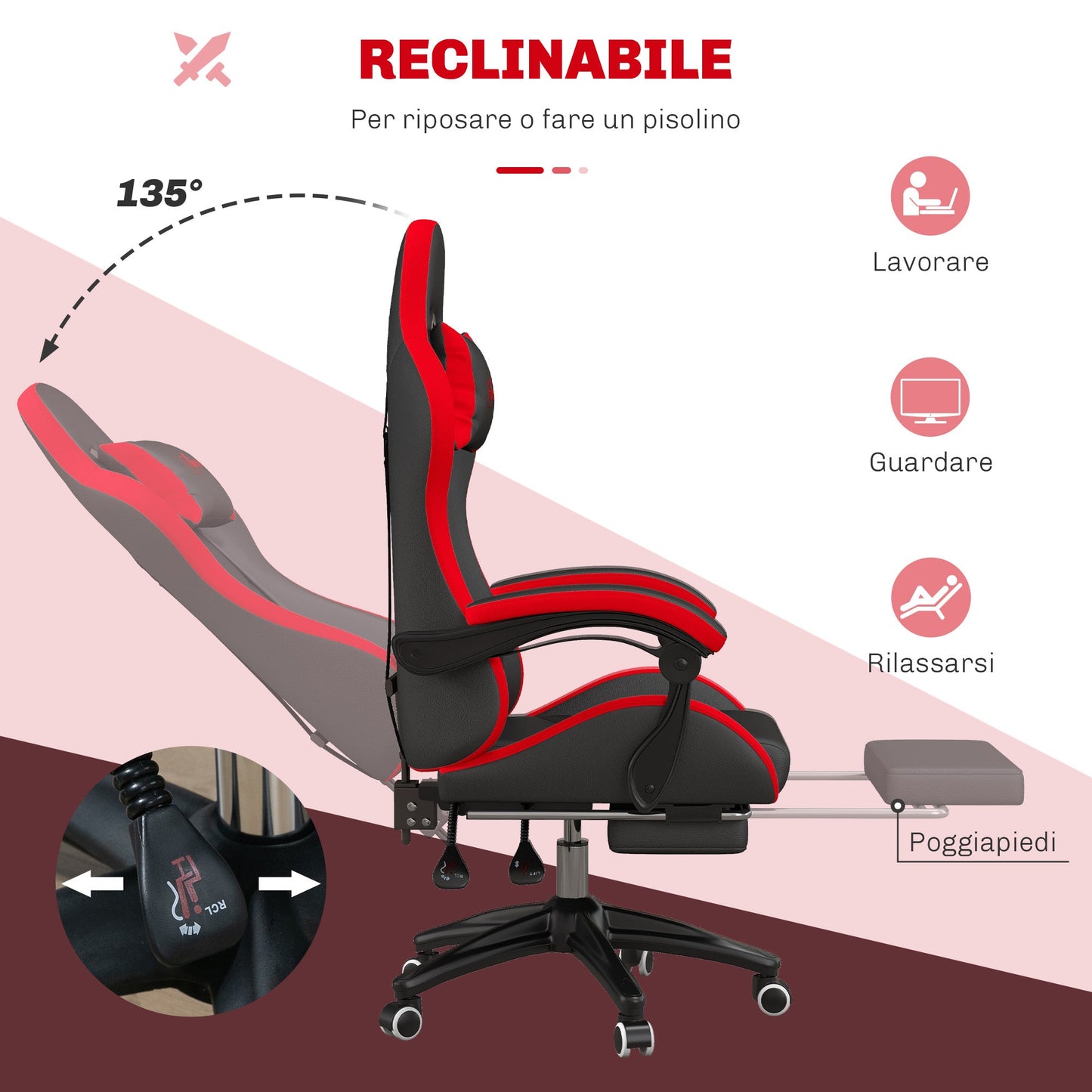 Gaming Chair with Adjustable Height and Reclining Backrest, 65x65x121-129 cm, Black and Red