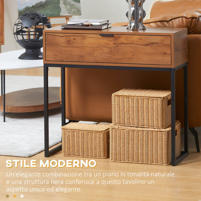 Minimalist Entryway Console Table with Drawer, Wood and Steel, 80x30x76 cm, Wood and Black Color
