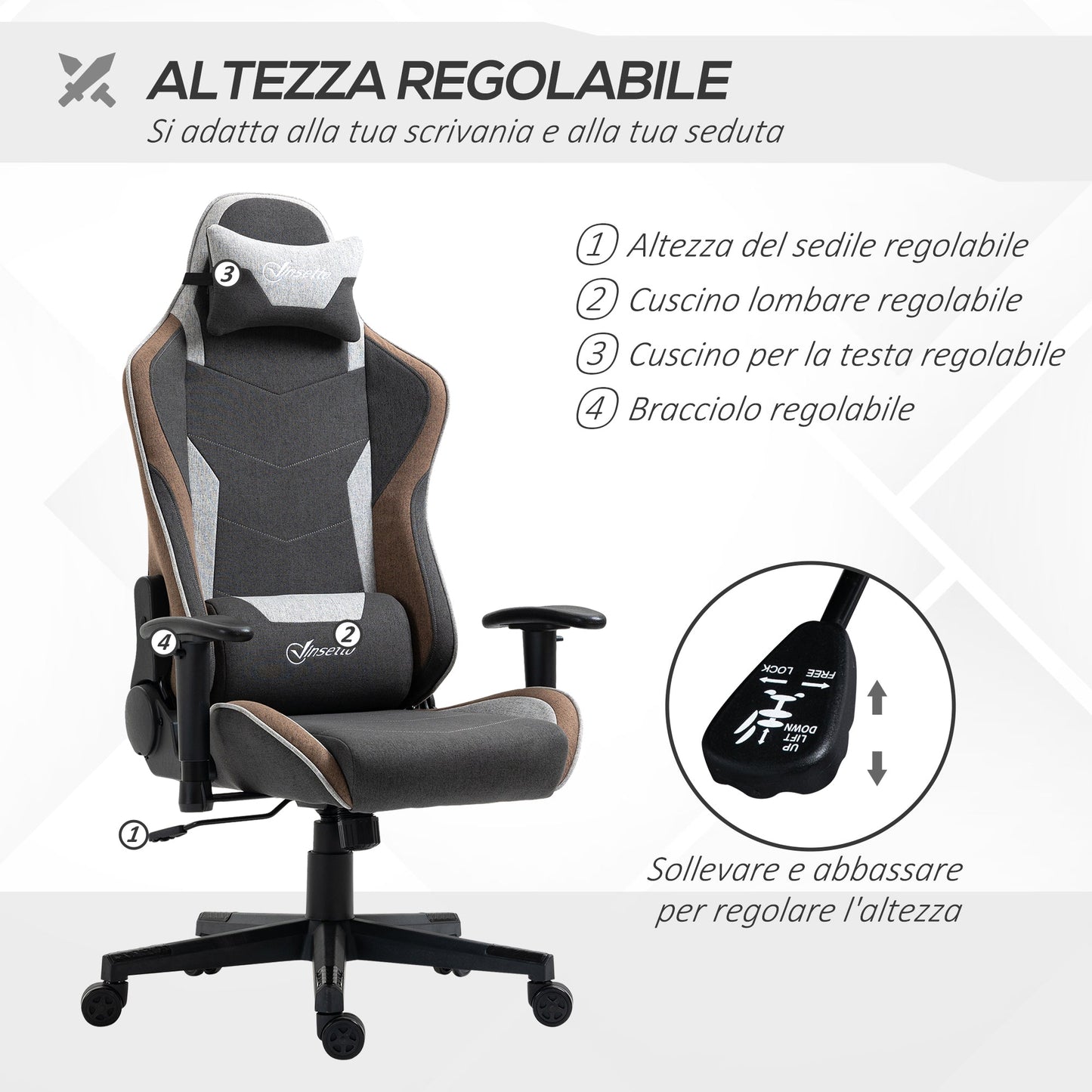 150° Reclining Gaming Chair with Rocking Function, Headrest and Lumbar Cushion, Grey