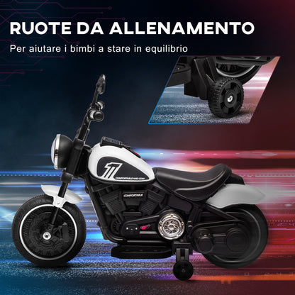 Electric Motorcycle for Children 18-36 Months with Training Wheels and Headlight, 76x42x57 cm, White and Black