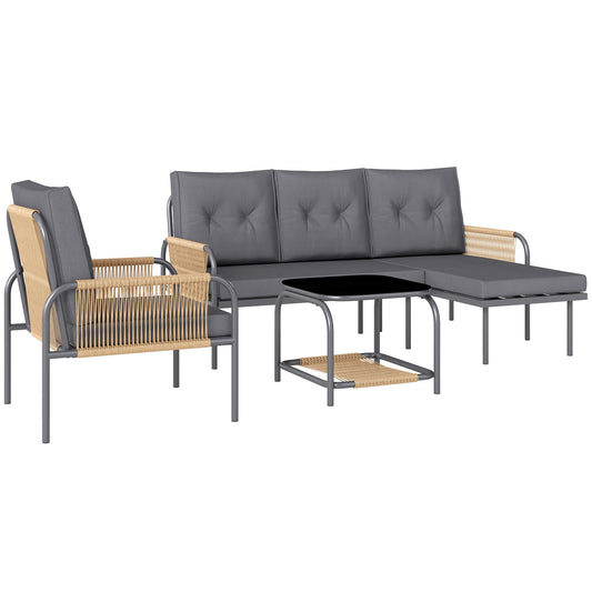 4 Piece Rattan Garden Lounge Set with Sofa, Chaise Longue, Armchair and Coffee Table with Cushions, Grey