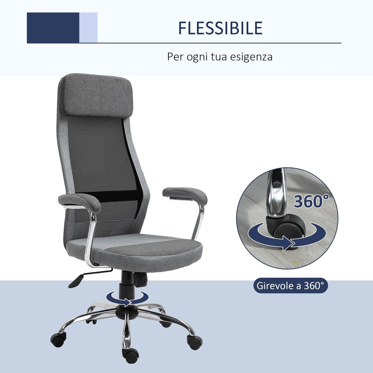 Ergonomic Swivel Office Chair, Adjustable Height and Rocking, Mesh Fabric Armchair 65x67x119-129cm Grey