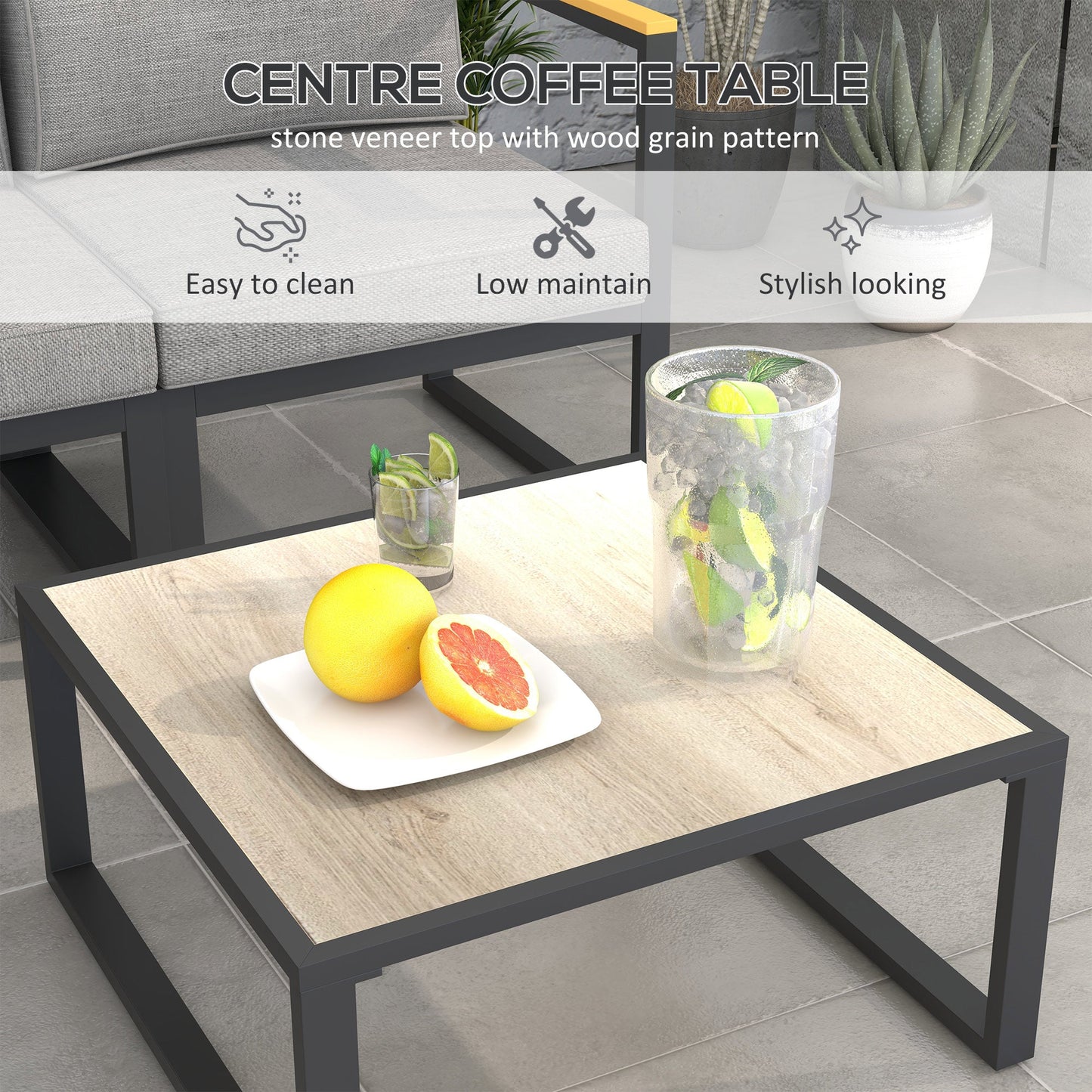 Lounge Set with Sofa and Coffee Table in Aluminum with Padded Cushions, Grey