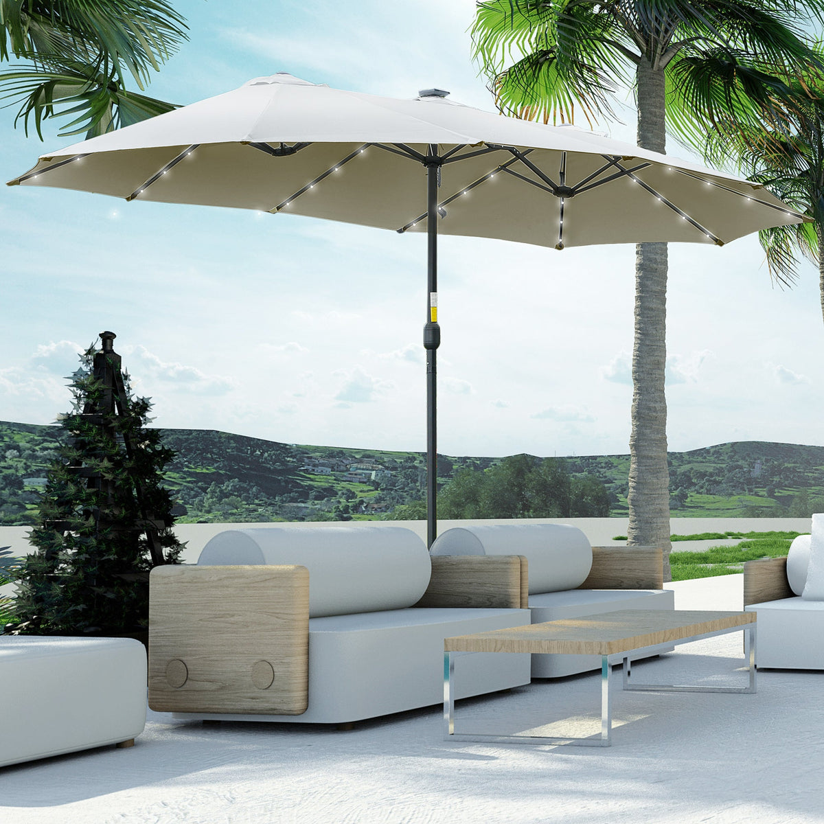 Outsunny 4.5m Double Garden Umbrella with 48 LED Lights and Crank Handle, Light Grey