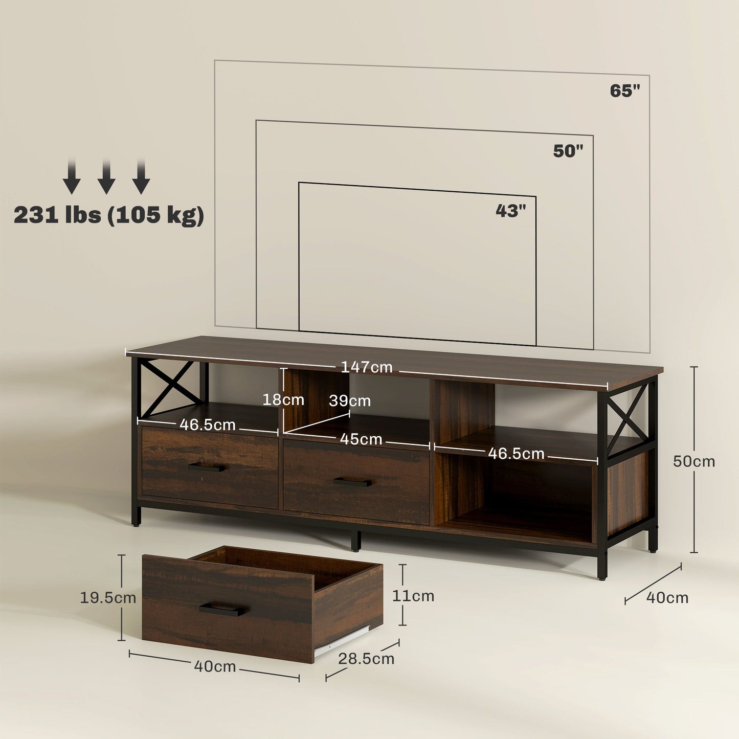 Industrial TV Cabinet with 3 Drawers and 3 Open Shelves, in Wood and Steel, 147x40x50 cm, Black and Brown