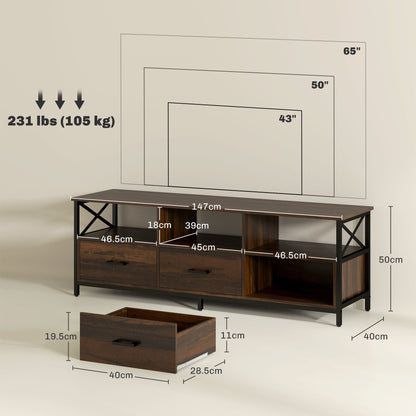Industrial TV Cabinet with 3 Drawers and 3 Open Shelves, in Wood and Steel, 147x40x50 cm, Black and Brown