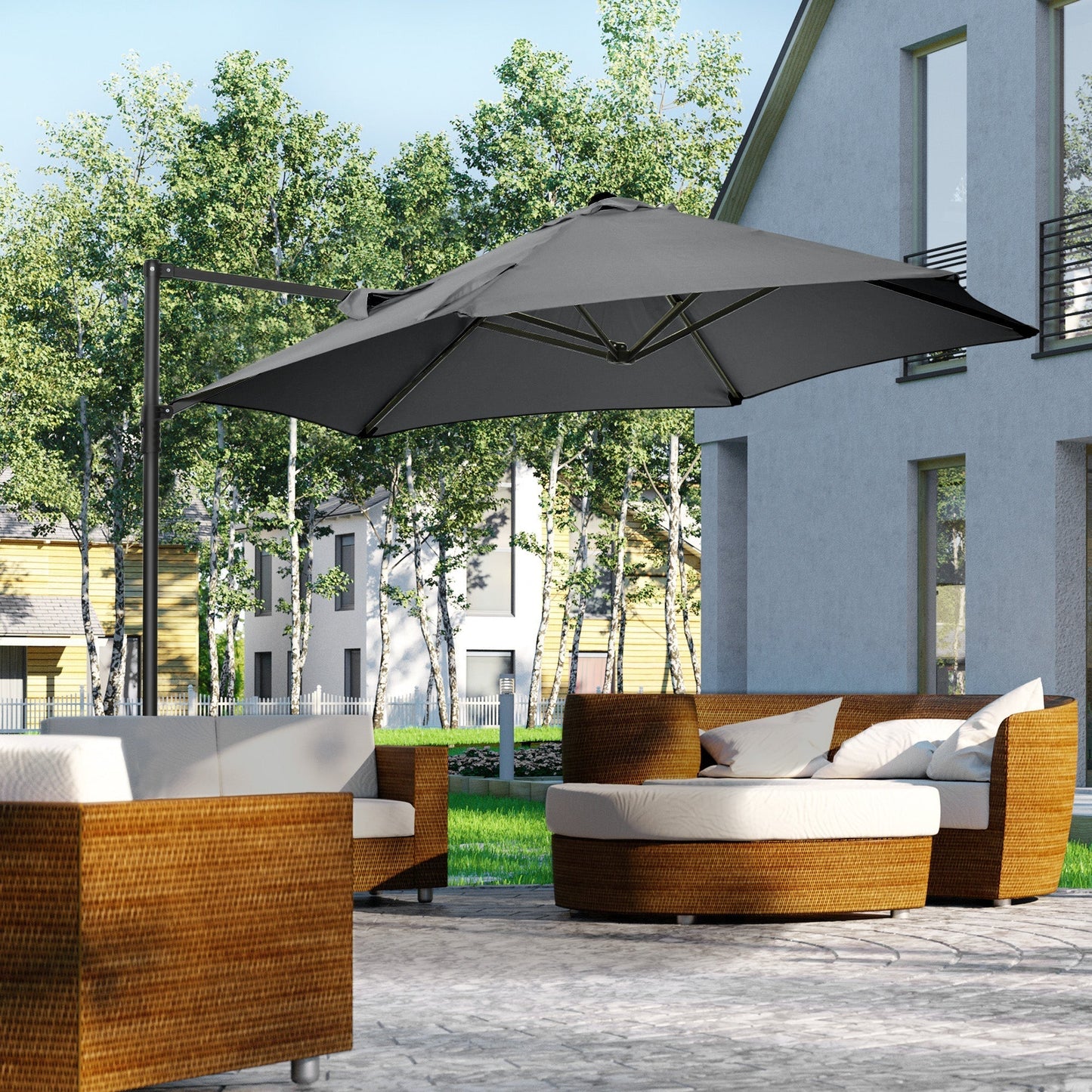 Garden Umbrella 2.6x2.5 m with 360° Rotation and Ventilated Canopy in Grey Polyester