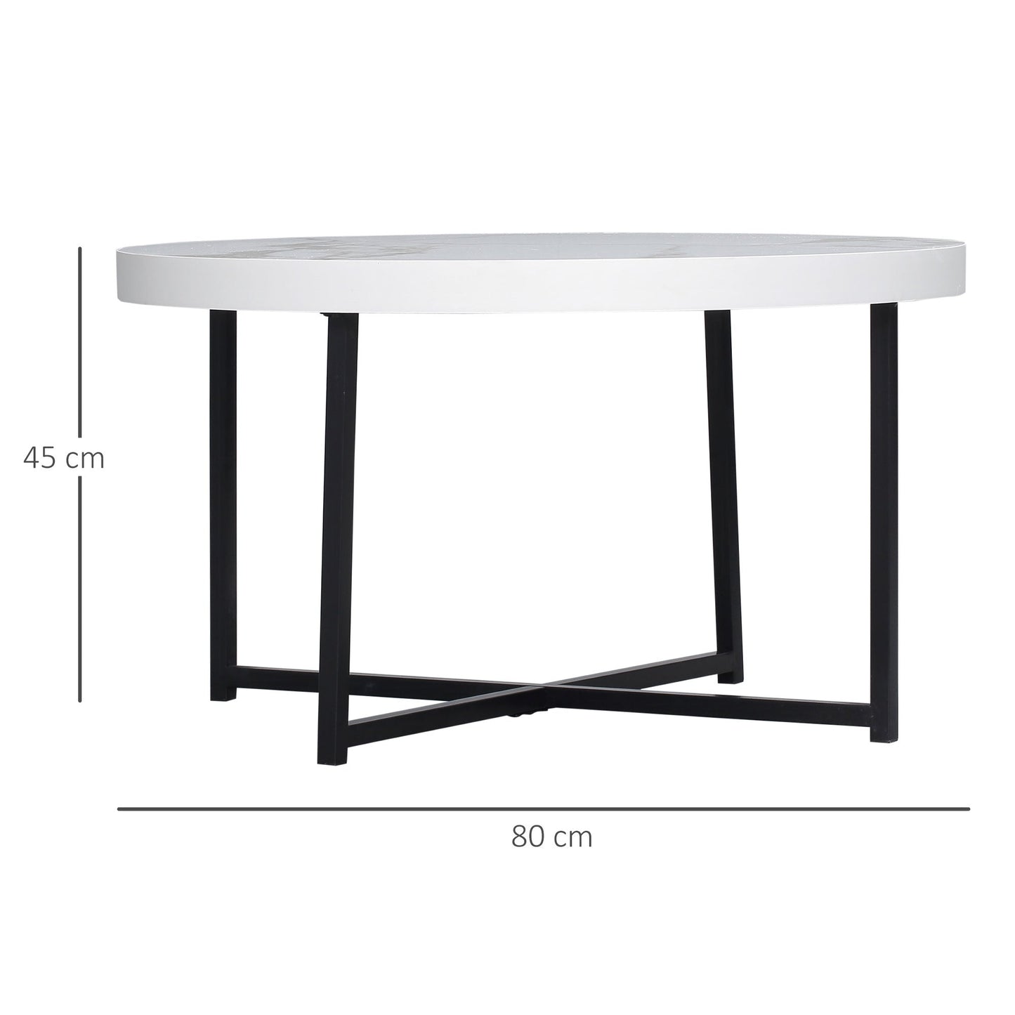 Round Coffee Table with Marble Effect MDF Top and Metal Legs, Φ80x45 cm, White