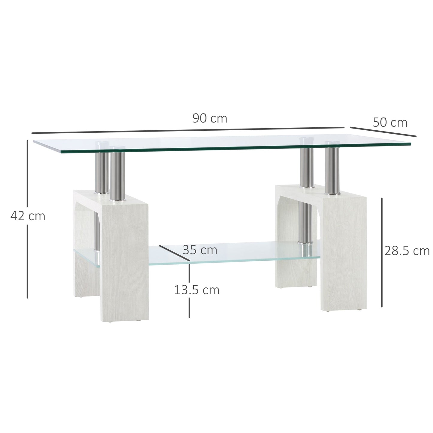 Modern coffee table with 2 levels in glass and wood, 90x50x42cm, white