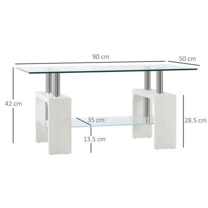 Modern coffee table with 2 levels in glass and wood, 90x50x42cm, white