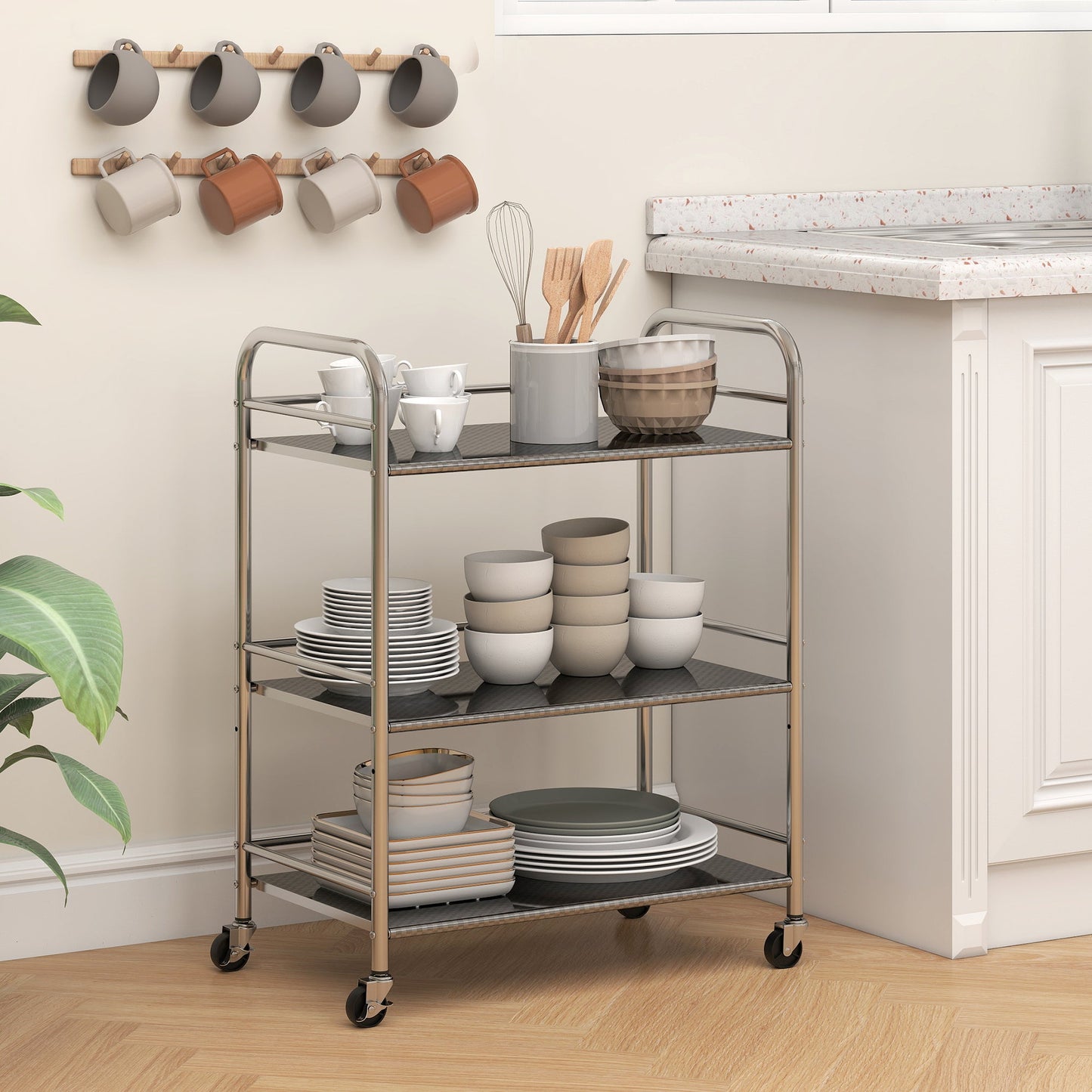 4-Tier Utility Cart with Adjustable Center Shelf and Raised Edges, Stainless Steel, 60x35x77 cm