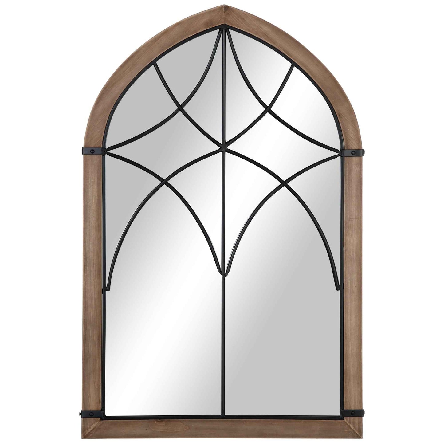 Arched Wall Mirror with Modern Details and Hooks, Wood and Glass, 60x93 cm, Brown and Black