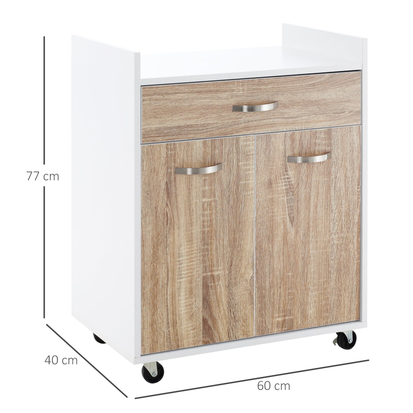 Kitchen Trolley Road for microwave with drawer, locker and 4 wheels, in wood, 60x40x77cm - white/oak