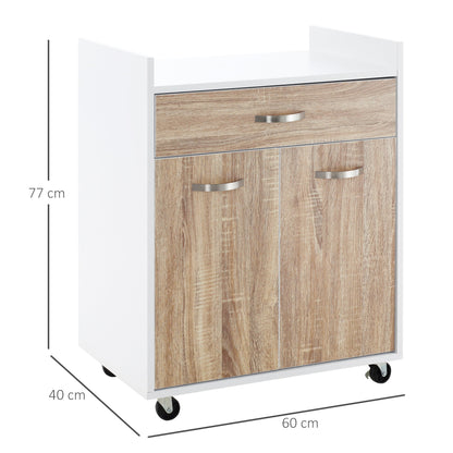 Kitchen Trolley Road for microwave with drawer, locker and 4 wheels, in wood, 60x40x77cm - white/oak
