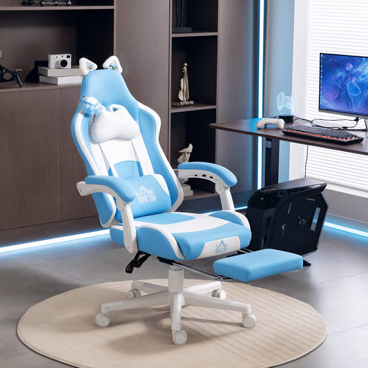 Reclining Gaming Chair with Footrest and Cushions, Faux Leather and Sponge, 65x62x116-124 cm, White and Blue