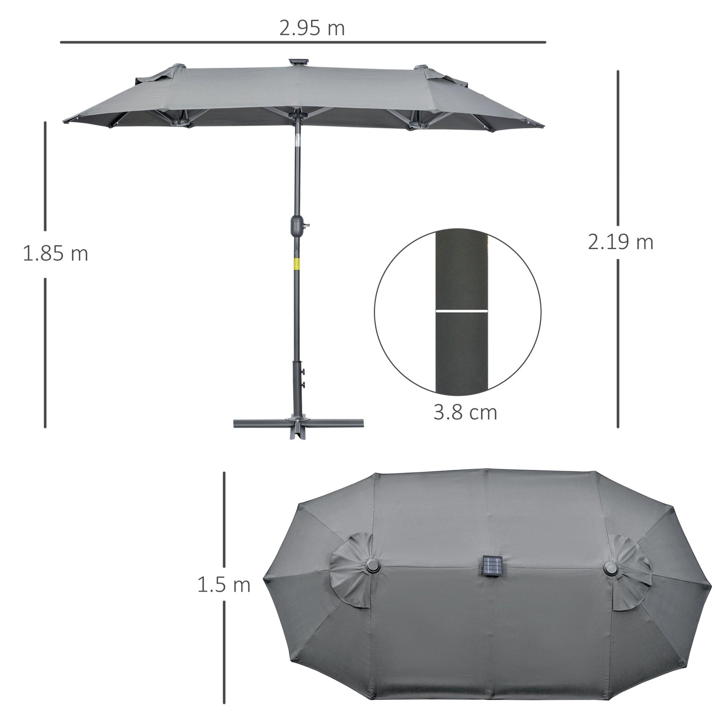 Double Parasol with Cross Base and Solar Lights, 295x150x219cm, Grey