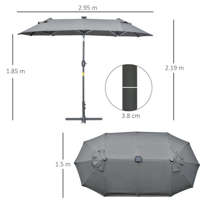 Double Parasol with Cross Base and Solar Lights, 295x150x219cm, Grey