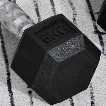 Set of 2 6kg Hex Dumbbells with Non-Slip Grip and Rubber Coating, Black