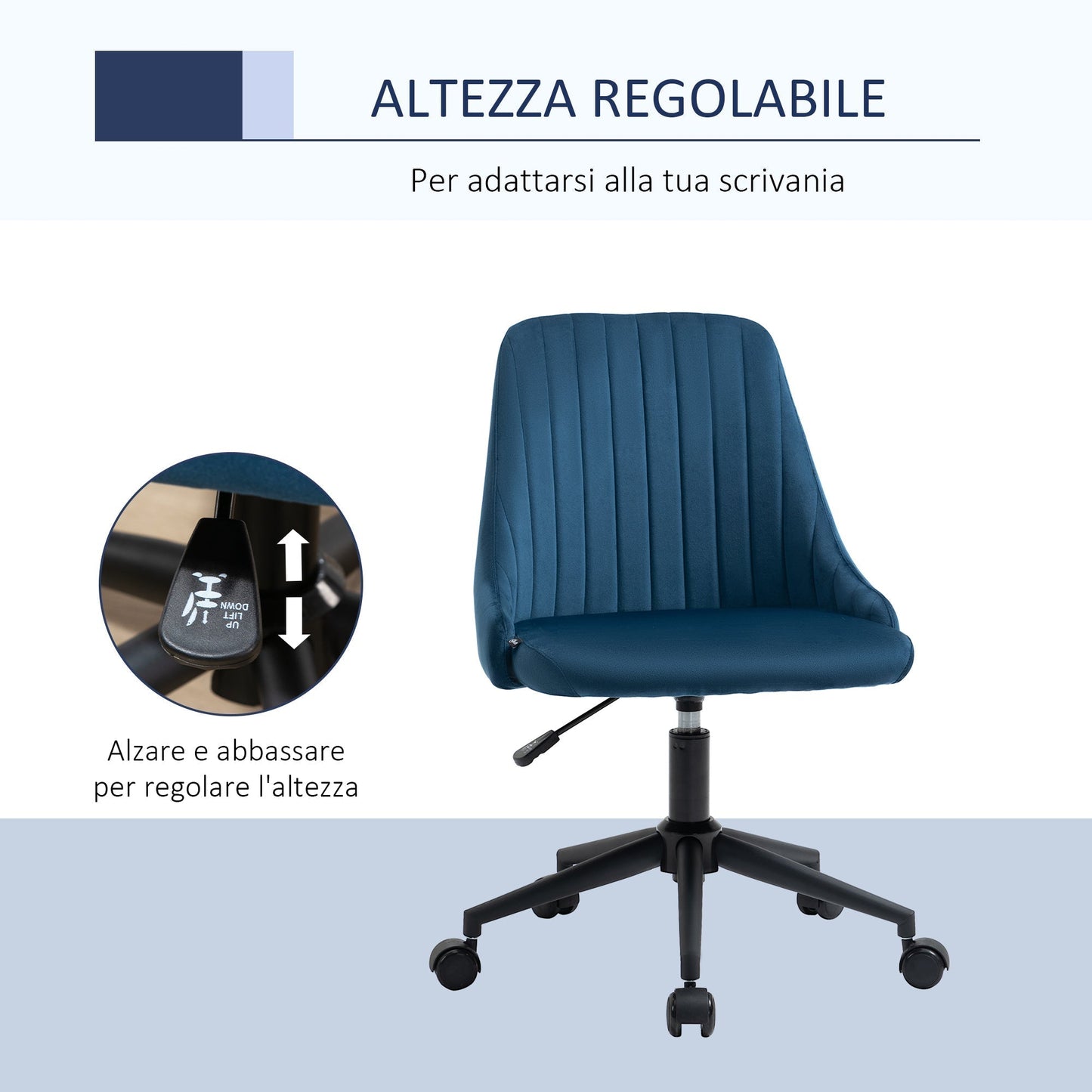 Blue Velvet Office Chair with Adjustable Height, Ergonomic 360° Swivel Chair with Wheels, 50x58x77-87cm
