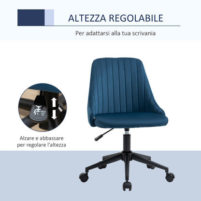 Blue Velvet Office Chair with Adjustable Height, Ergonomic 360° Swivel Chair with Wheels, 50x58x77-87cm
