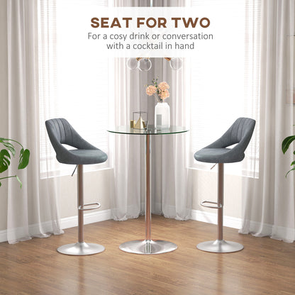 Modern Round High Bar Table with Steel Base and Glass Top, Ø70x102cm, Transparent