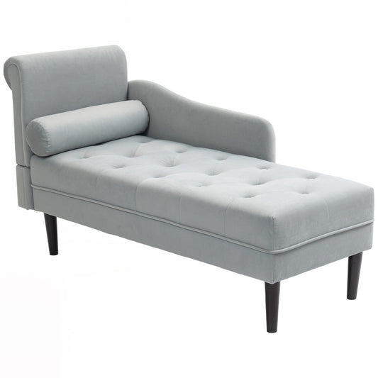 Chaise Longue with Quilted Velvet Effect Covering in Grey, Solid Wood and Sponge, 146x61x82.5 cm