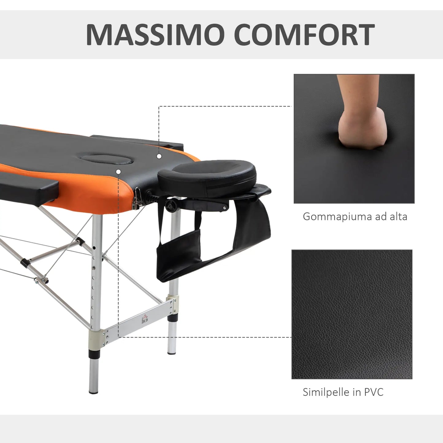 Foldable Massage and Beauty Table / Couch with Adjustable Height, Professional Massage Bed in Aluminum and Plastic, 215x60x61-84 cm, Black and Orange