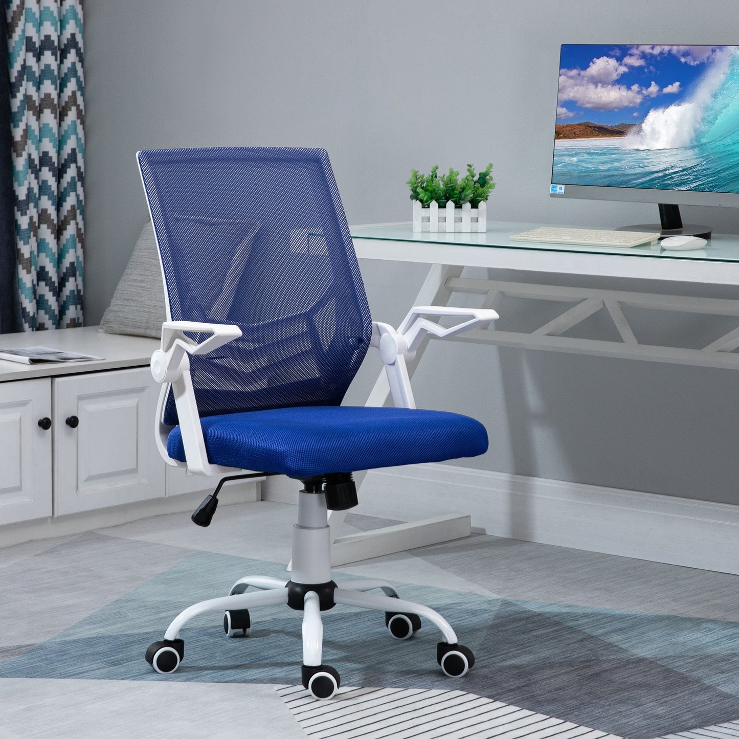 Height Adjustable Ergonomic Office Chair with Flip-Up Armrests, 360° Swivel Padded Desk Chair with Rocking Function, in Linen Effect Fabric, Blue