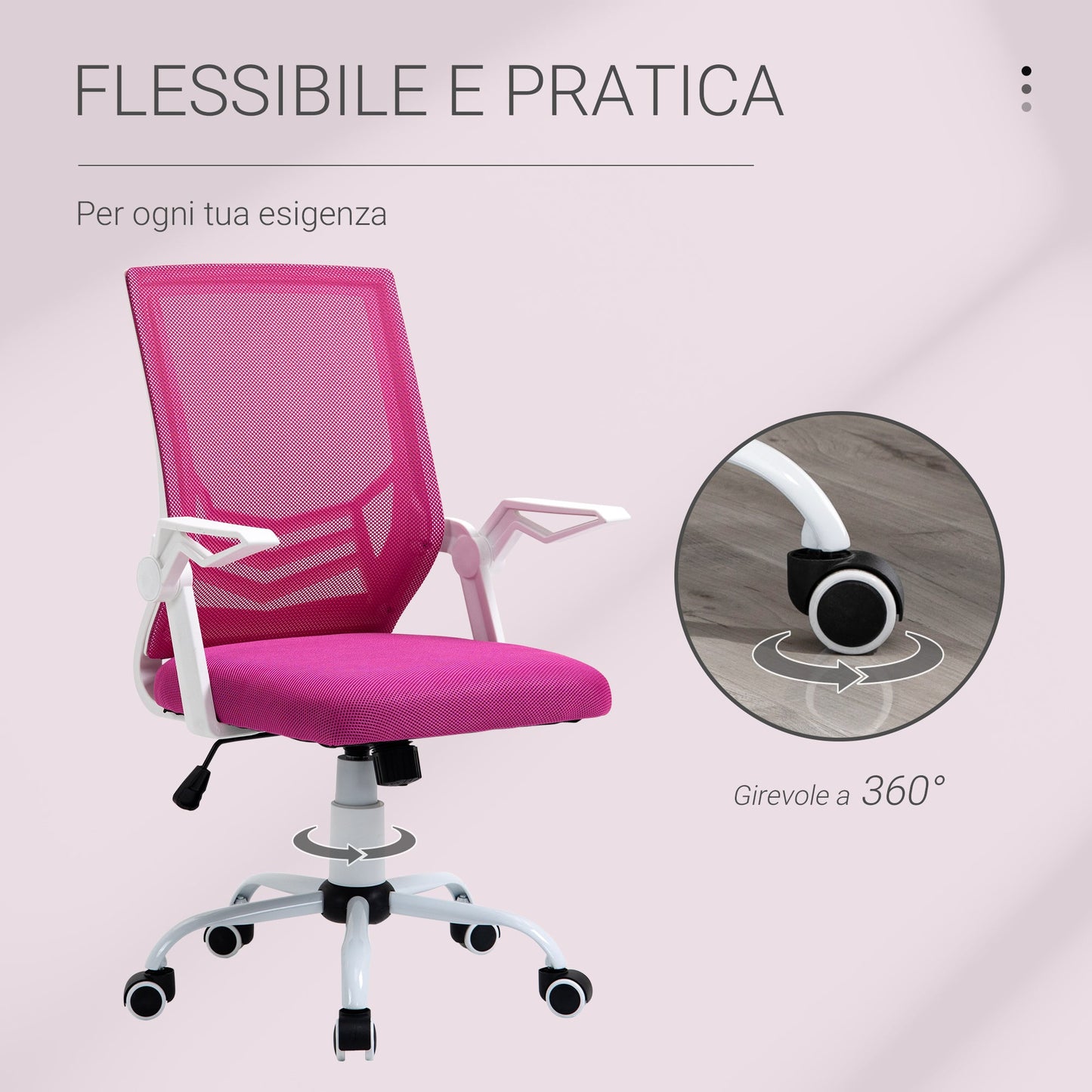 Ergonomic Office Chair with Lumbar Support, Folding Armrests, Breathable Mesh Swivel Desk Chair with Reclining Backrest and Adjustable Height, 120kg Capacity, Pink