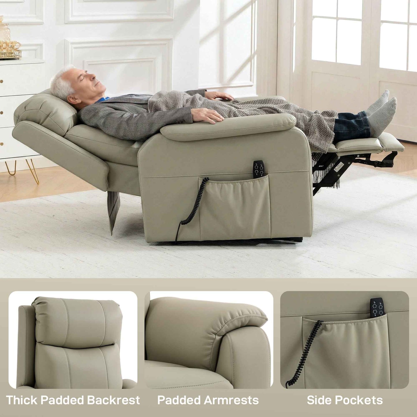 170° Electric Lift Recliner Chair in Breathable Faux Leather with 2 Motors, Remote Control, 4 Wheels, Brake, Footrest, Side Pockets, Cream