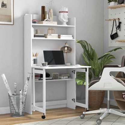 Folding Desk with 4-Tier Bookcase, 2 Wheels and Cable Hole, 80x69x155 cm, White