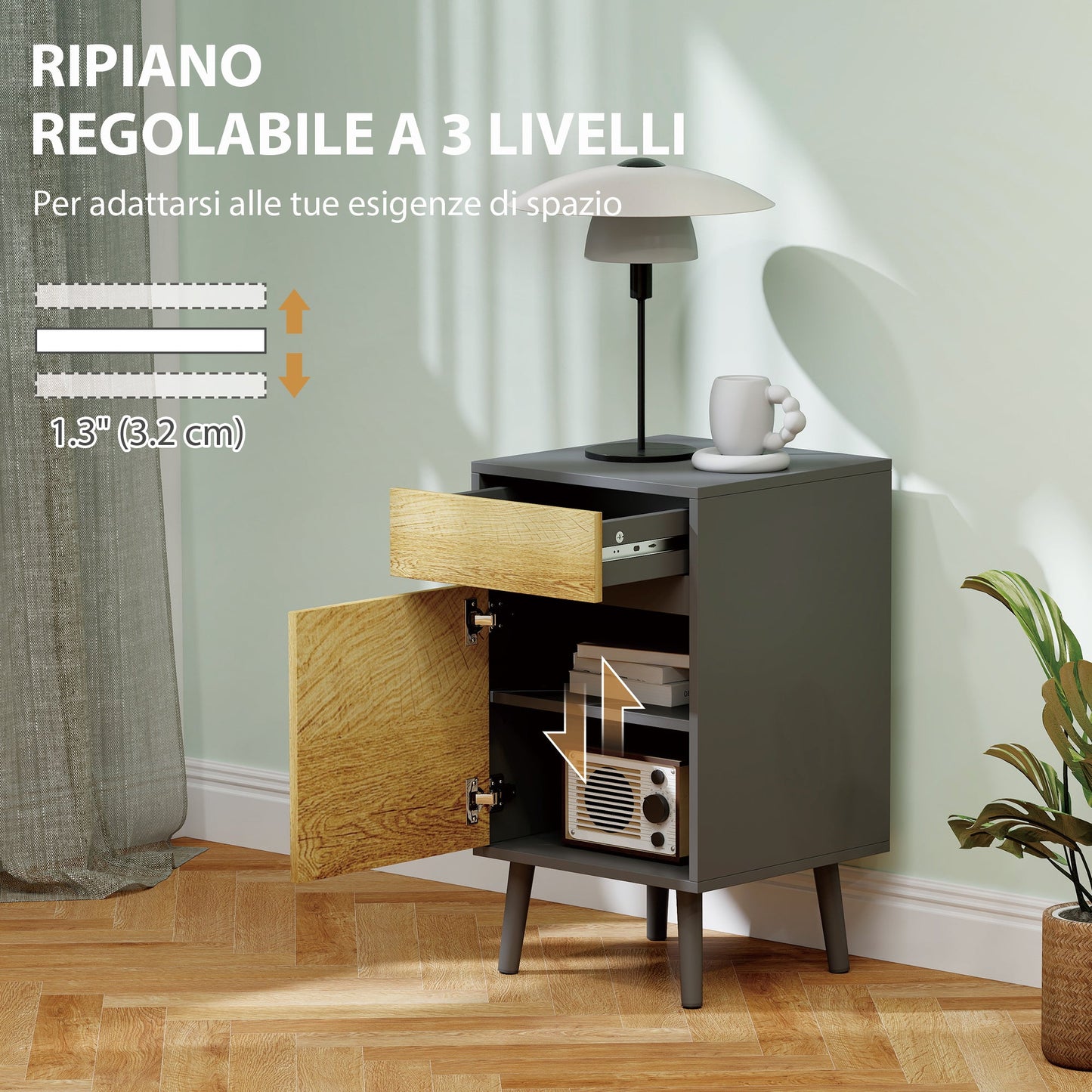 Modern Handleless Nightstand with Drawer and Cabinet, 40x39x69 cm, Dark Grey and Wood