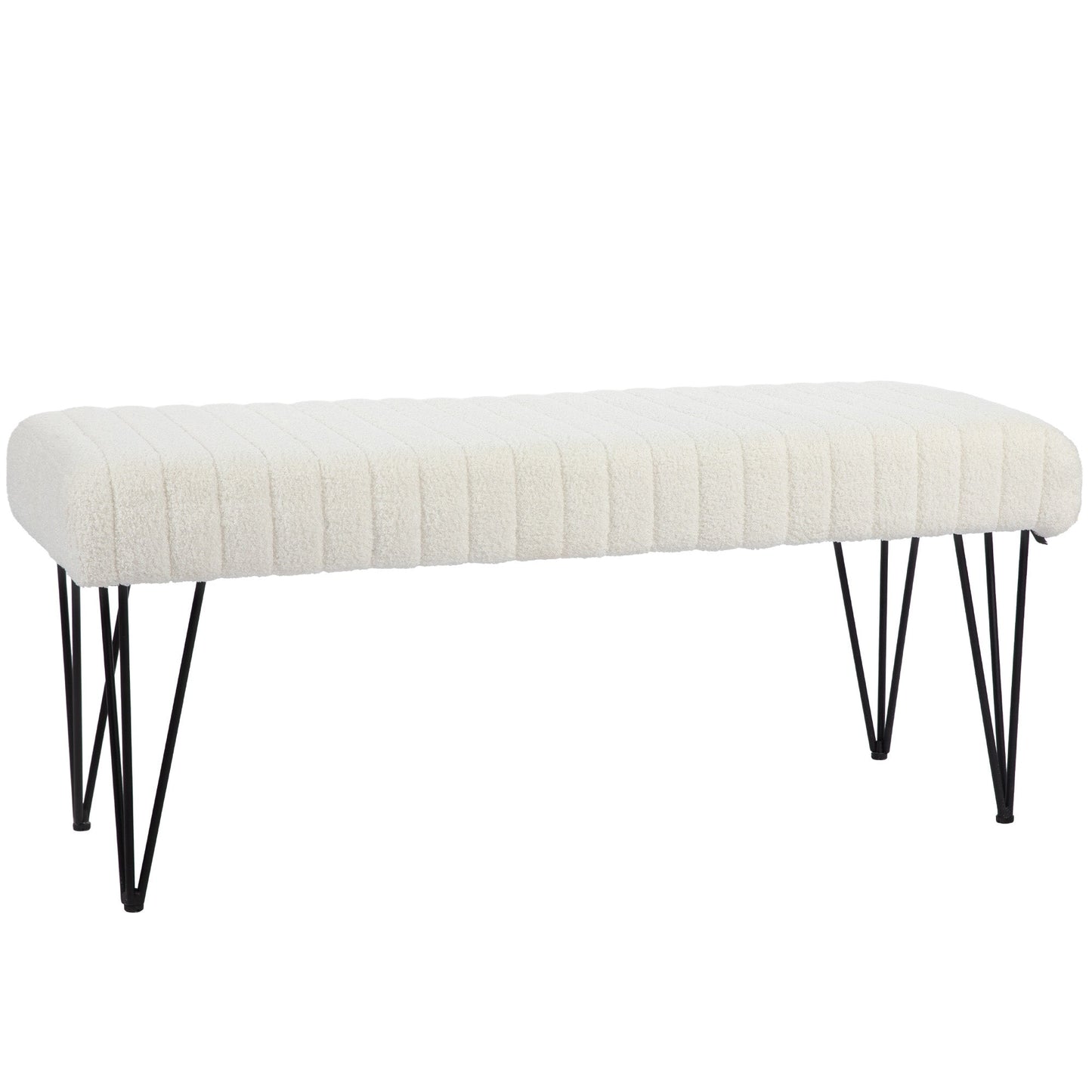 Modern Bedside Bench with Hairpin Legs, in Chenille Effect Fabric, Wood and Metal, 118.5x46x49.5 cm, Cream