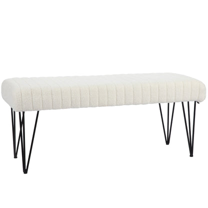 Modern Bedside Bench with Hairpin Legs, in Chenille Effect Fabric, Wood and Metal, 118.5x46x49.5 cm, Cream