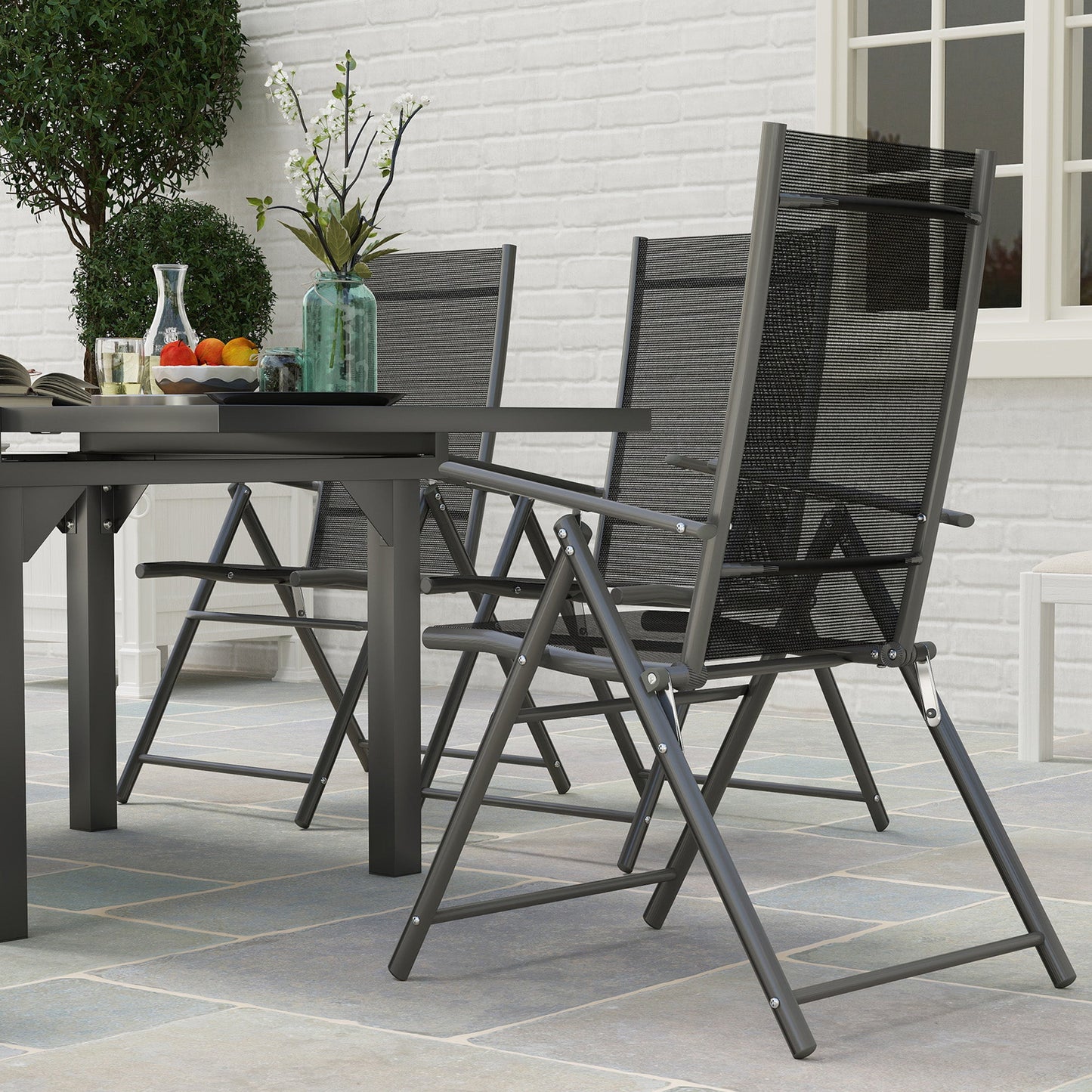 Garden Set with Extendable Glass Table and 6 Folding Outdoor Chairs, Steel and Textilene, Grey