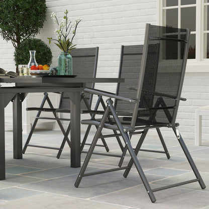 Garden Set with Extendable Glass Table and 6 Folding Outdoor Chairs, Steel and Textilene, Grey