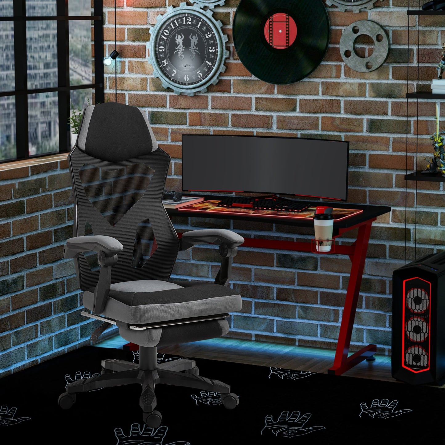 Ergonomic Office Chair with Reclining Backrest, Retractable Footrest, Adjustable Height, Grey