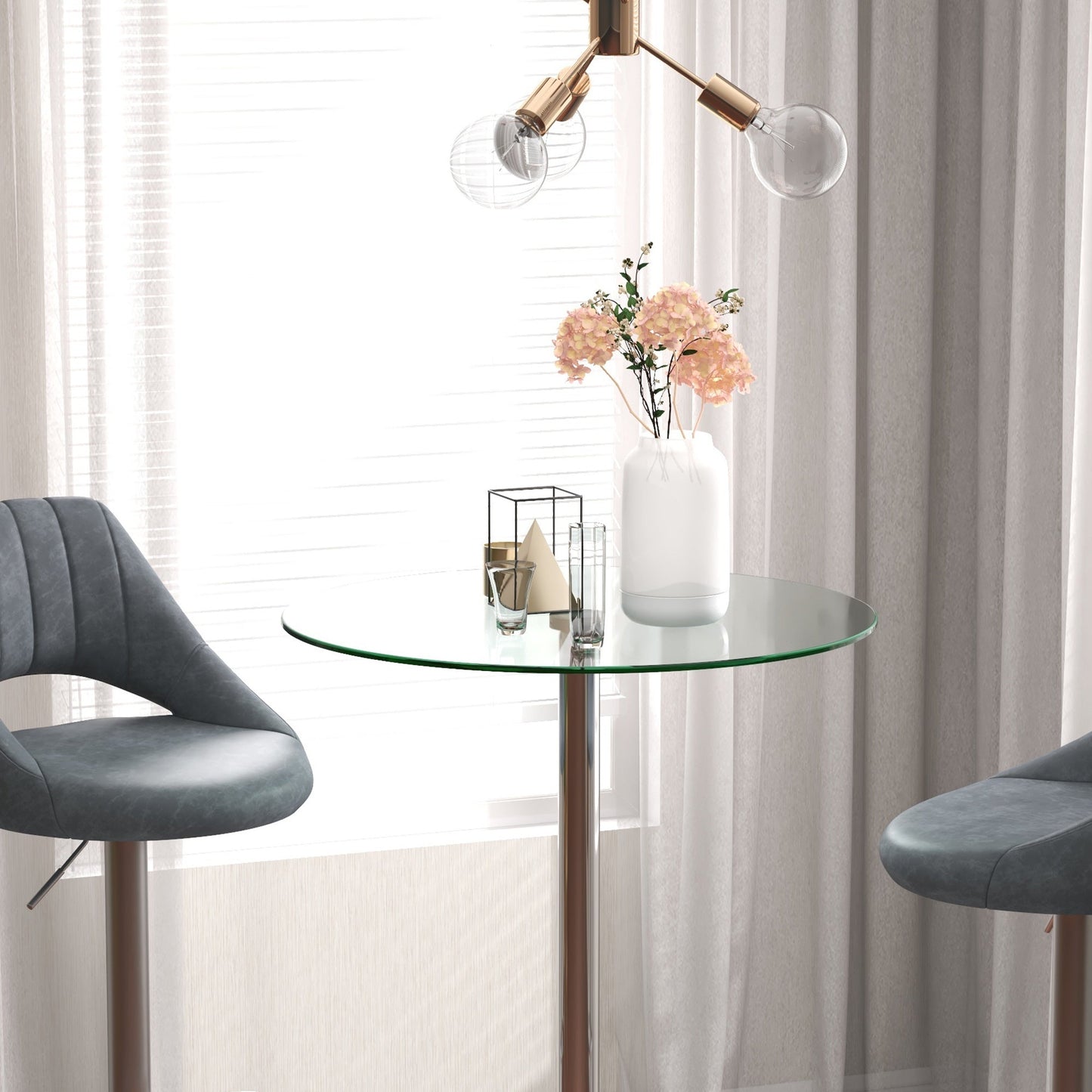 Modern Round High Bar Table with Steel Base and Glass Top, Ø70x102cm, Transparent