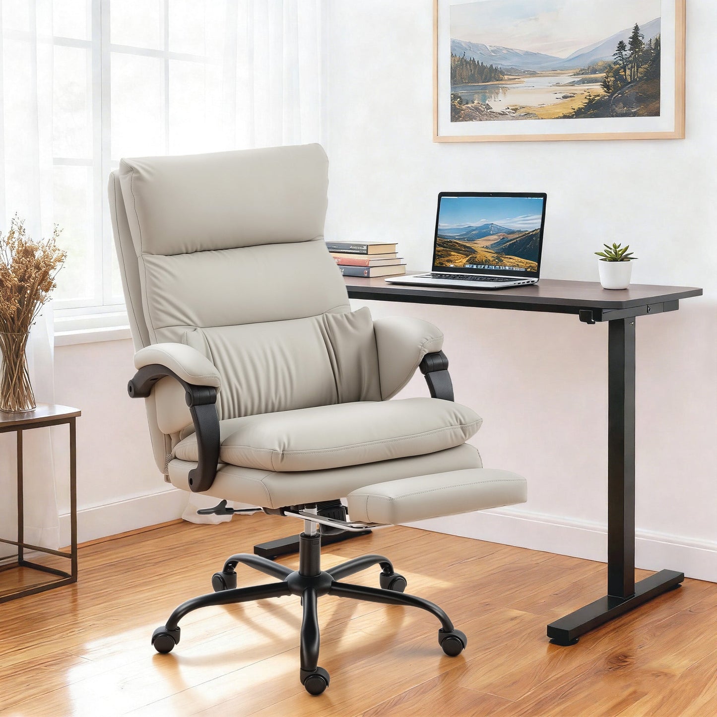 Heated Massage Office Chair, 135° Reclining with PU Leather Footrest, Light Grey