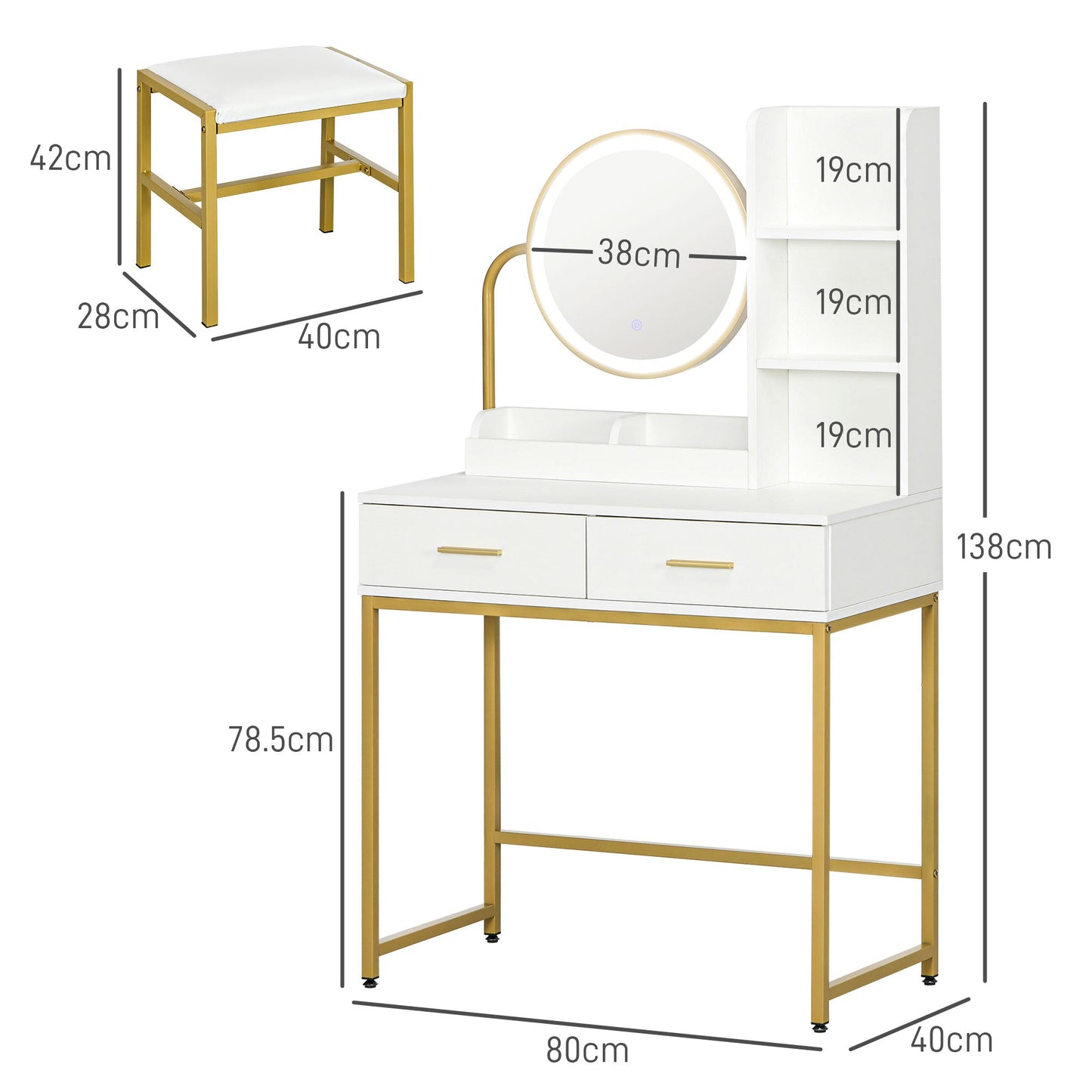 Dressing Table Makeup Table with LED Illuminated Mirror and Stool, Drawers and Shelves, White