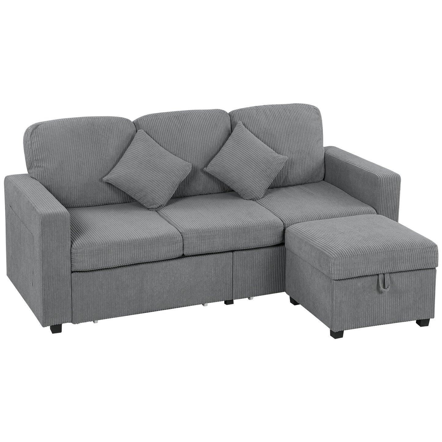 3-Seater Modular Sofa with Storage Pouf in Corduroy, 196x139x85 cm, Light Grey