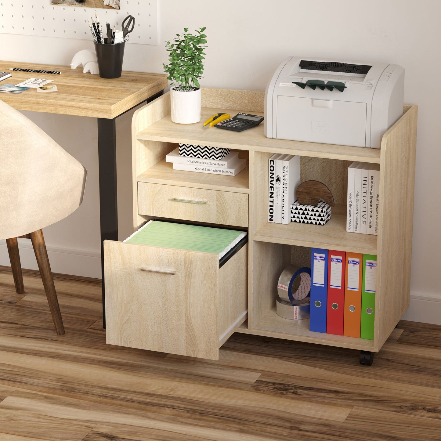 Multi-Use Printer Stand, Office Cabinet, Low Cabinet, Multipurpose Cabinet with 4 Wheels, Oak, 80x40x72cm