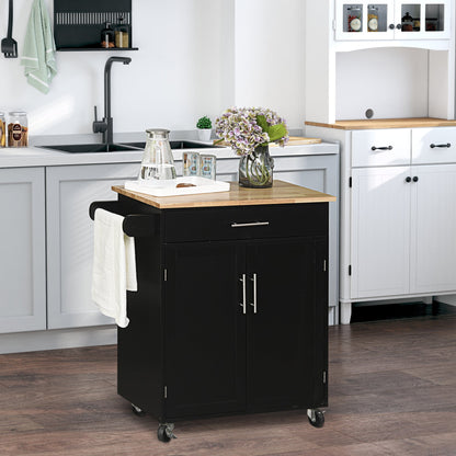 Kitchen Trolley with Drawer and Cabinet 2 Doors, Wheels and Side Bar, 83x45x91.5cm, Black