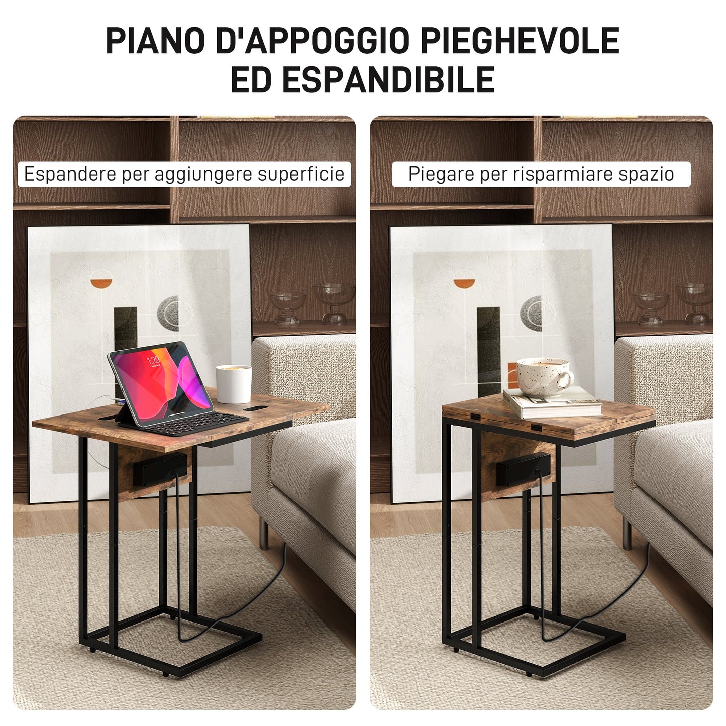 Expandable C-Shaped Coffee Table with 2 Charging Stations, Wood and Metal, 39x29x57 cm, Black and Brown