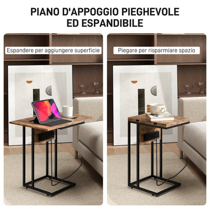 Expandable C-Shaped Coffee Table with 2 Charging Stations, Wood and Metal, 39x29x57 cm, Black and Brown