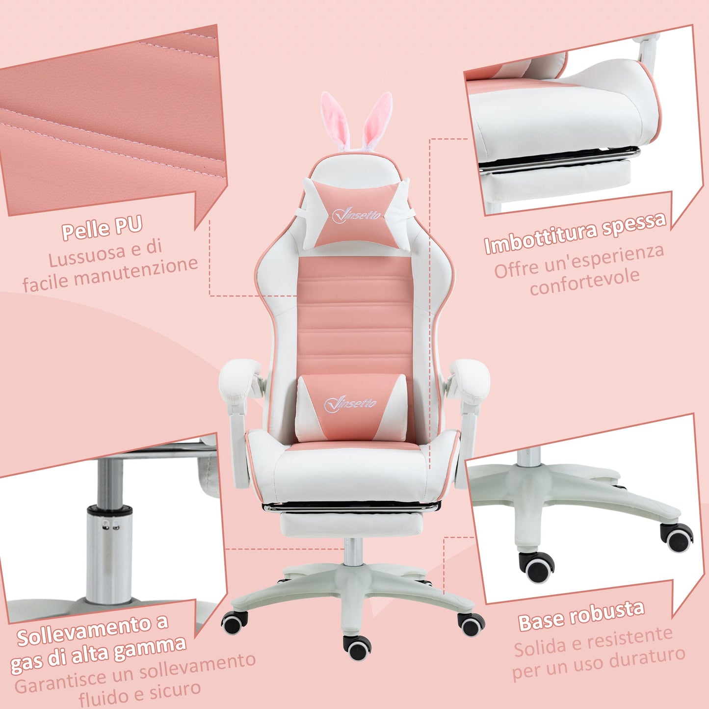 Ergonomic Gaming Chair with Ears, Removable Footrest, Lumbar Cushion and Headrest, Pink