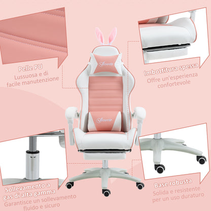 Ergonomic Gaming Chair with Ears, Removable Footrest, Lumbar Cushion and Headrest, Pink